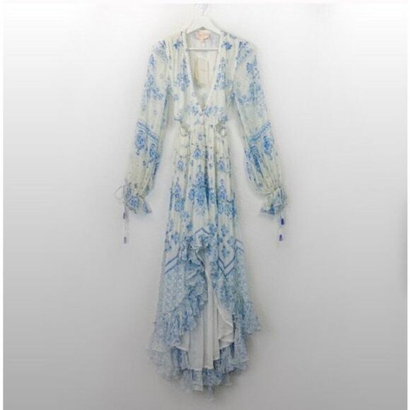 NWT Rococo Sand Leas Long Floral Cutout Maxi Dress White Blue Metallic - Picture 5 of 14